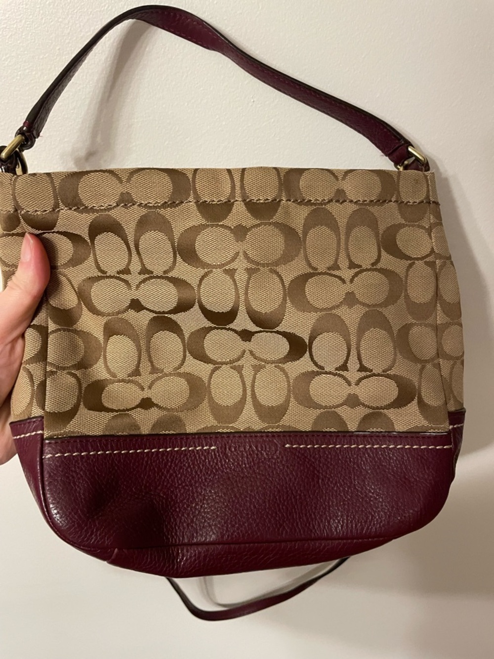 Coach Khaki Signature Canvas Shoulder Bag with Burgundy Leather Trim